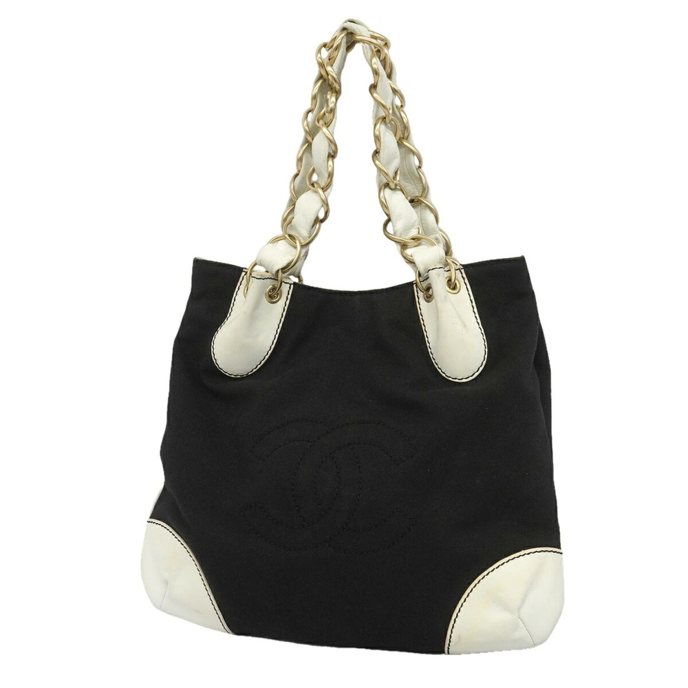 Chanel Tote Bag / Chain Tote, Leather & Canvas, Black Champagne, Women's